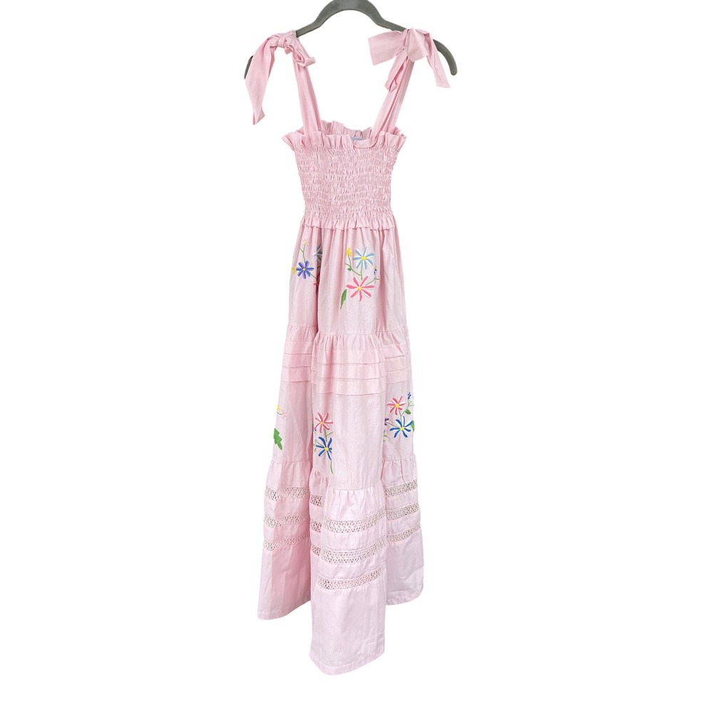 Mi Golondrina Valeria Pink Striped Embroidered Eyelet Lace Maxi Dress XS
